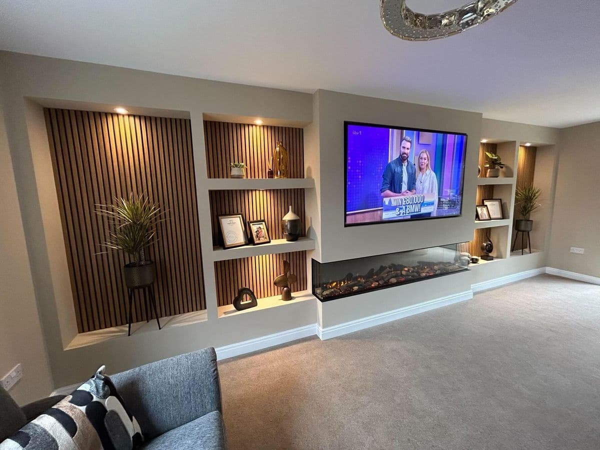 Bespoke media wall Sheffield with TV, electric fireplace and recessed LED shelving - South Yorkshire